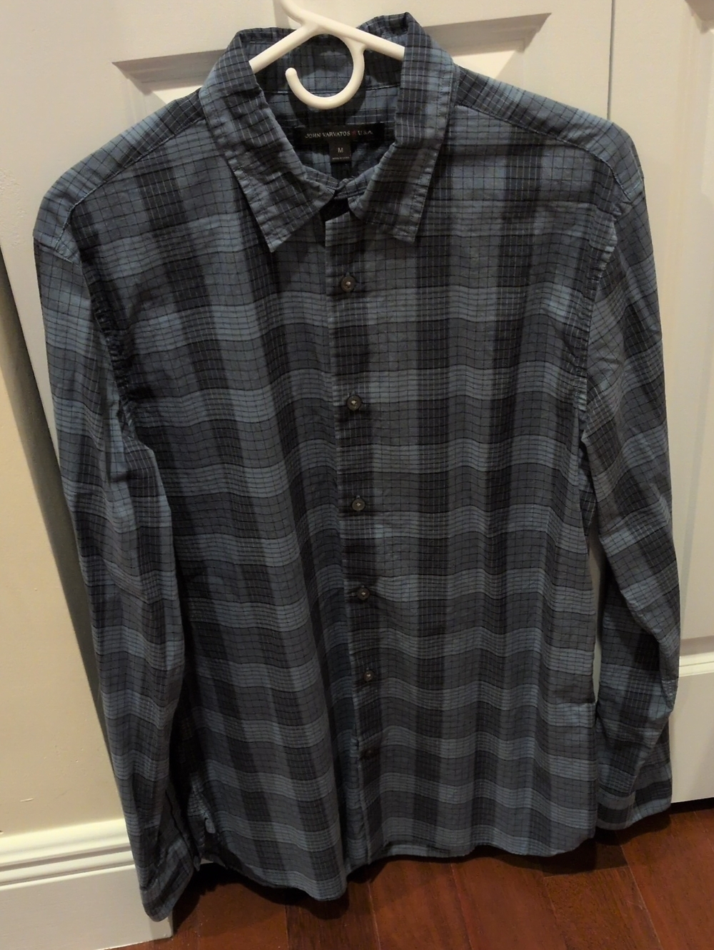 John Varvatos Gray and Blue Plaid Button-Down Long Sleeve Shirt Men sz M